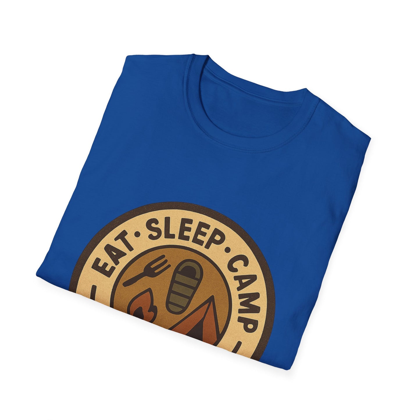 Camping Badge T-Shirt — "Eat. Sleep. Camp. Repeat." Outdoor Adventure Tee
