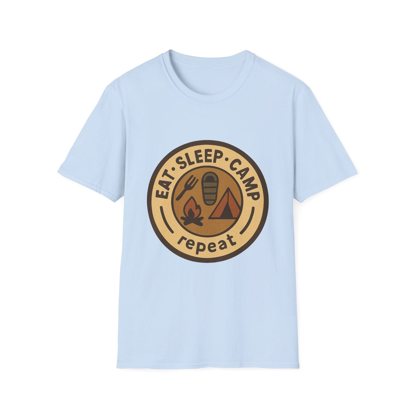 Camping Badge T-Shirt — "Eat. Sleep. Camp. Repeat." Outdoor Adventure Tee