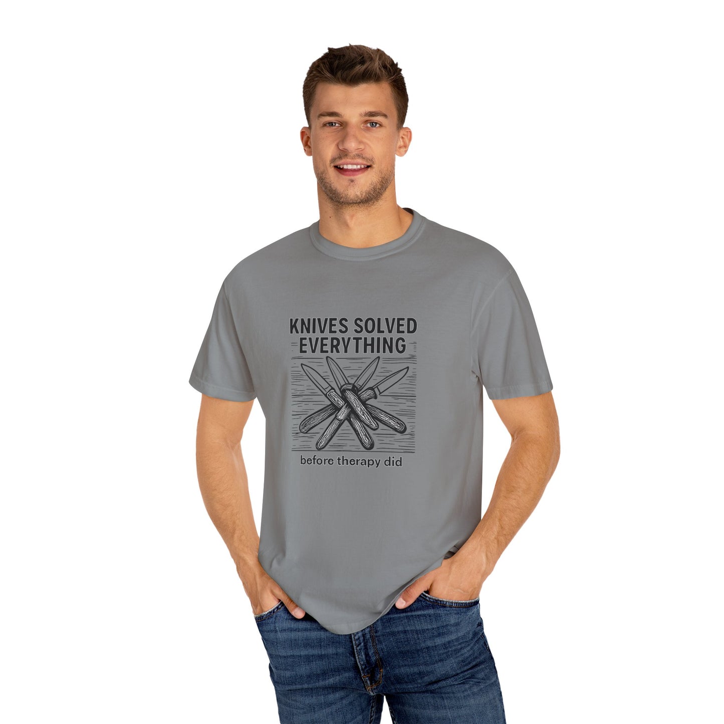 Knives Solved Everything (Before Therapy Did) T-Shirt – Funny EDC, Camping & Outdoors Shirt for Men Who Love Their Tools