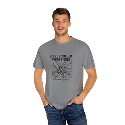 Knives Solved Everything (Before Therapy Did) T-Shirt – Funny EDC, Camping & Outdoors Shirt for Men Who Love Their Tools