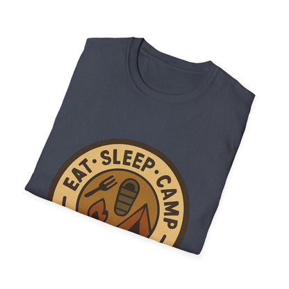 Camping Badge T-Shirt — "Eat. Sleep. Camp. Repeat." Outdoor Adventure Tee