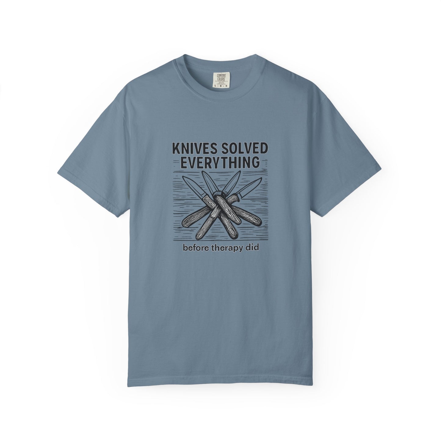 Knives Solved Everything (Before Therapy Did) T-Shirt – Funny EDC, Camping & Outdoors Shirt for Men Who Love Their Tools