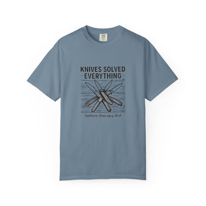 Knives Solved Everything (Before Therapy Did) T-Shirt – Funny EDC, Camping & Outdoors Shirt for Men Who Love Their Tools