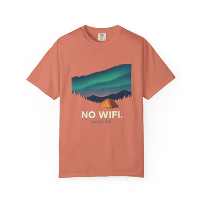 No WiFi Camping T-Shirt — Northern Lights Tent Graphic