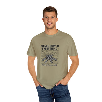 Knives Solved Everything (Before Therapy Did) T-Shirt – Funny EDC, Camping & Outdoors Shirt for Men Who Love Their Tools