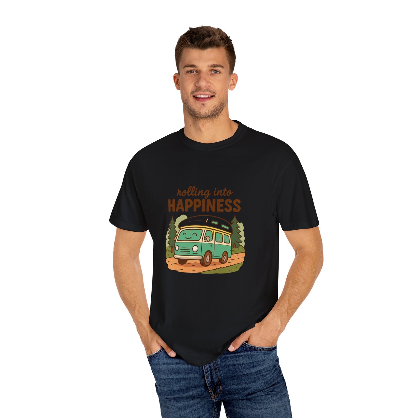 Rolling Into Happiness T-Shirt – Cute Van Life Shirt for Campers, Travelers & Adventure Lovers