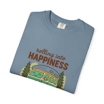 Rolling Into Happiness T-Shirt – Cute Van Life Shirt for Campers, Travelers & Adventure Lovers