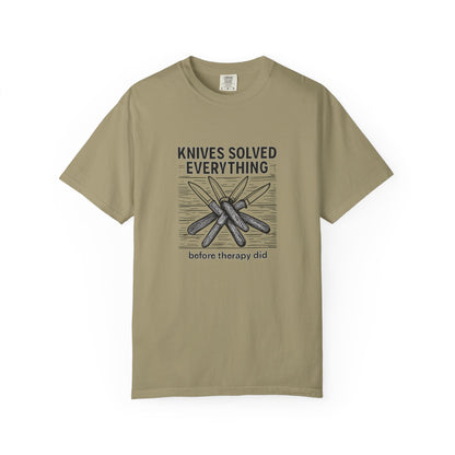Knives Solved Everything (Before Therapy Did) T-Shirt – Funny EDC, Camping & Outdoors Shirt for Men Who Love Their Tools