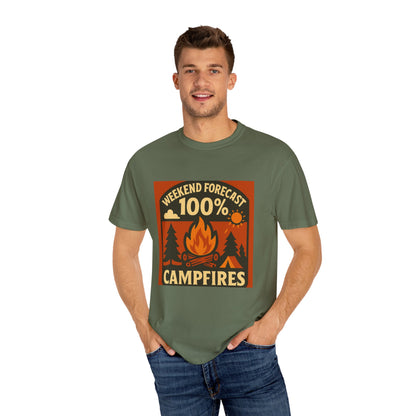 Campfire T-Shirt — "Weekend Forecast 100% Campfires" Retro Camping Tee