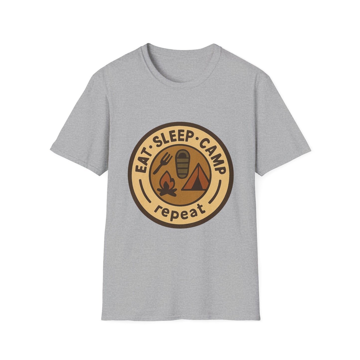 Camping Badge T-Shirt — "Eat. Sleep. Camp. Repeat." Outdoor Adventure Tee