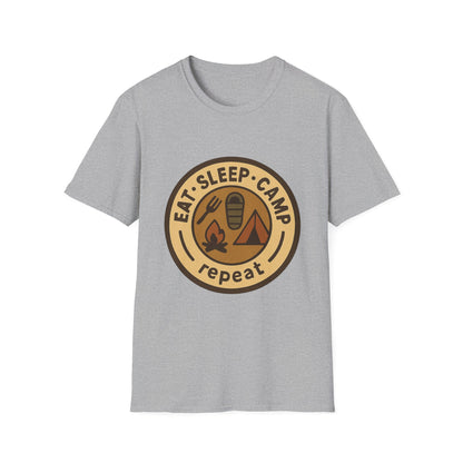 Camping Badge T-Shirt — "Eat. Sleep. Camp. Repeat." Outdoor Adventure Tee