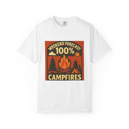 Campfire T-Shirt — "Weekend Forecast 100% Campfires" Retro Camping Tee