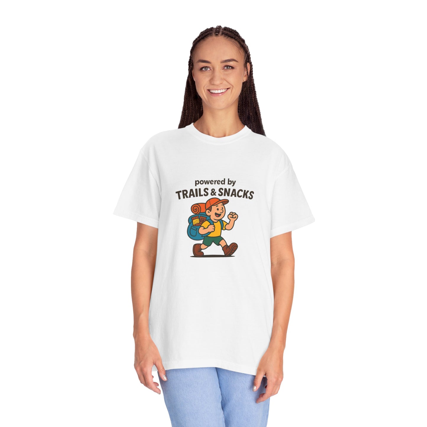 Powered by Trails & Snacks T-Shirt | Funny Hiking Shirt for Outdoorsy Snack Lovers | Hiker Humor Tee for Men & Women