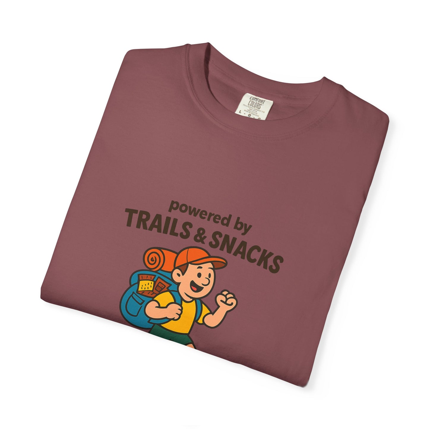 Powered by Trails & Snacks T-Shirt | Funny Hiking Shirt for Outdoorsy Snack Lovers | Hiker Humor Tee for Men & Women