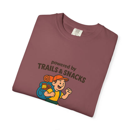 Powered by Trails & Snacks T-Shirt | Funny Hiking Shirt for Outdoorsy Snack Lovers | Hiker Humor Tee for Men & Women