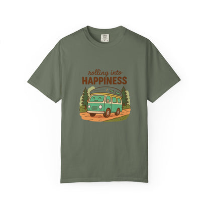 Rolling Into Happiness T-Shirt – Cute Van Life Shirt for Campers, Travelers & Adventure Lovers