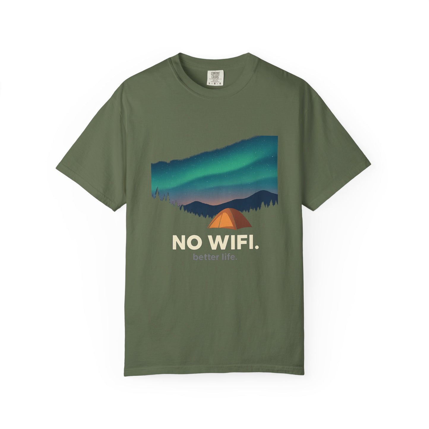 No WiFi Camping T-Shirt — Northern Lights Tent Graphic