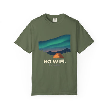 No WiFi Camping T-Shirt — Northern Lights Tent Graphic