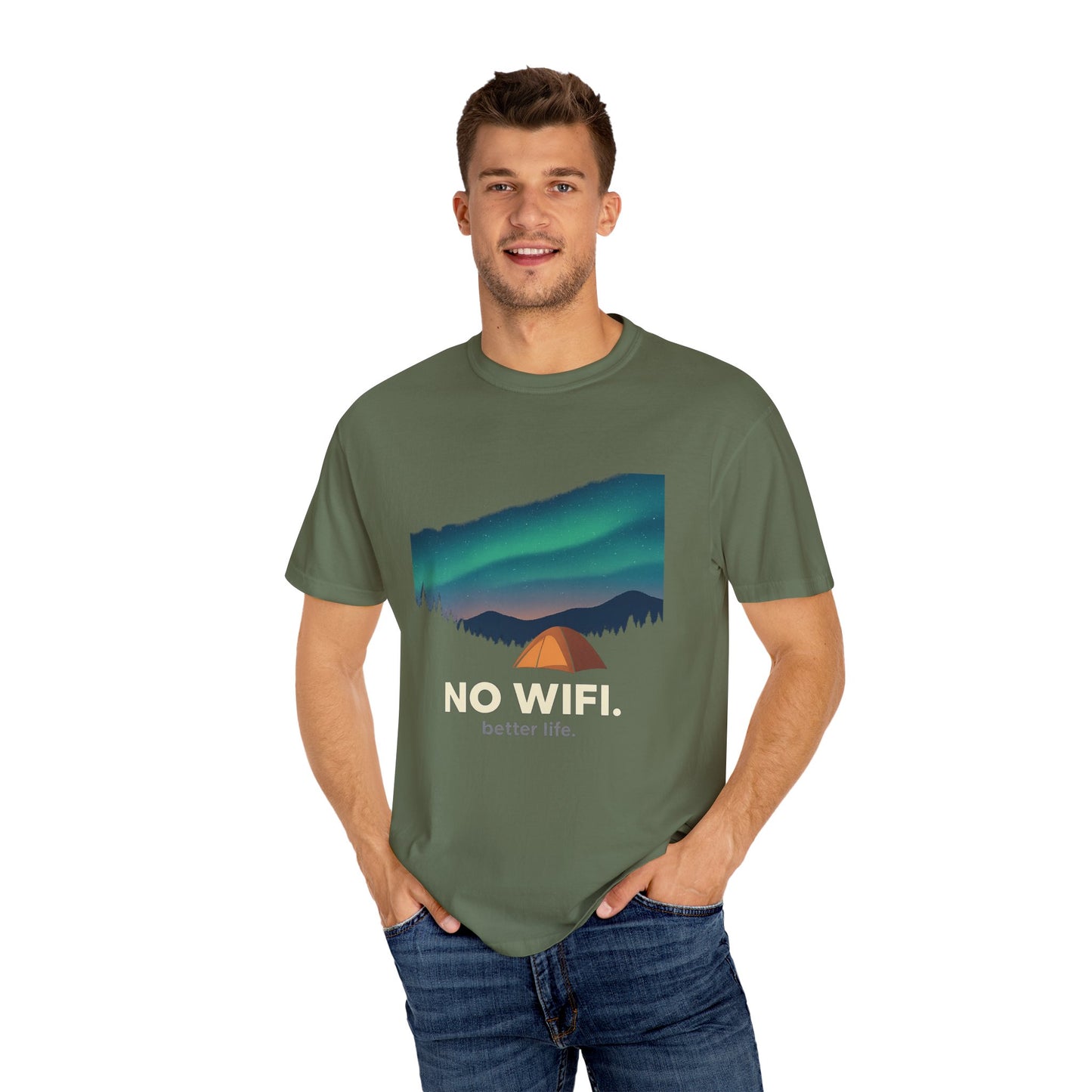 No WiFi Camping T-Shirt — Northern Lights Tent Graphic