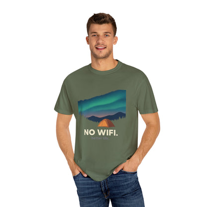No WiFi Camping T-Shirt — Northern Lights Tent Graphic