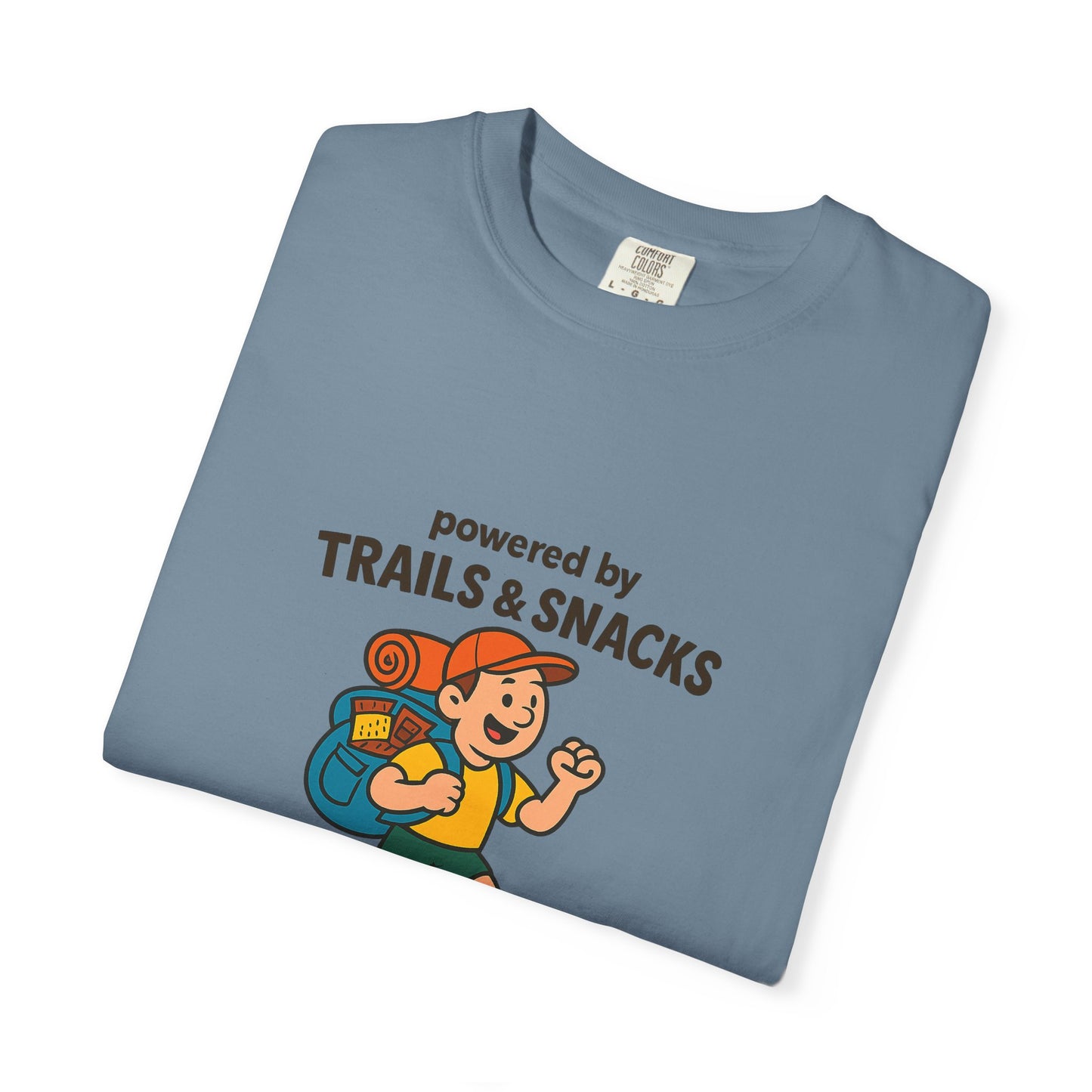 Powered by Trails & Snacks T-Shirt | Funny Hiking Shirt for Outdoorsy Snack Lovers | Hiker Humor Tee for Men & Women