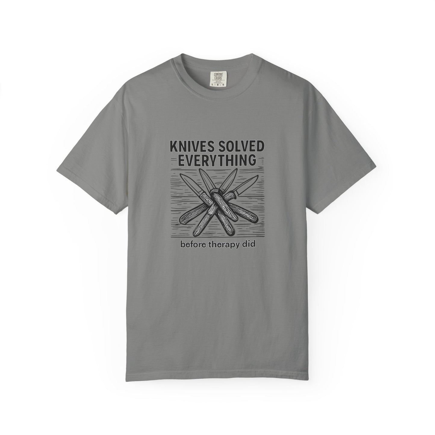 Knives Solved Everything (Before Therapy Did) T-Shirt – Funny EDC, Camping & Outdoors Shirt for Men Who Love Their Tools