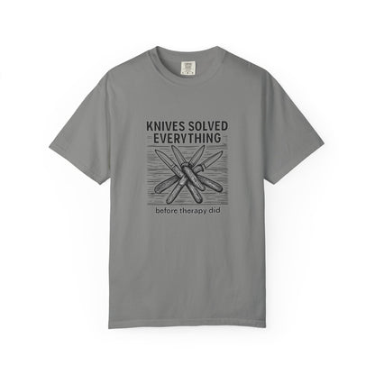 Knives Solved Everything (Before Therapy Did) T-Shirt – Funny EDC, Camping & Outdoors Shirt for Men Who Love Their Tools