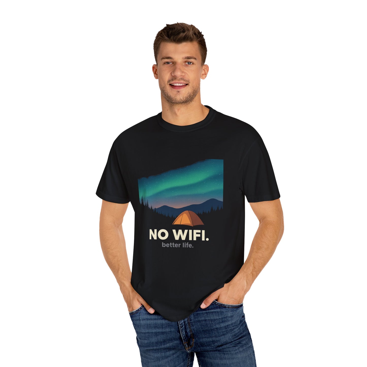 No WiFi Camping T-Shirt — Northern Lights Tent Graphic