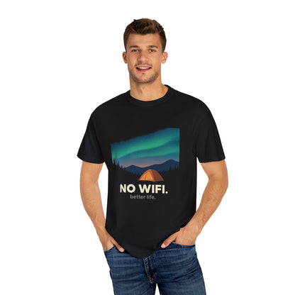 No WiFi Camping T-Shirt — Northern Lights Tent Graphic