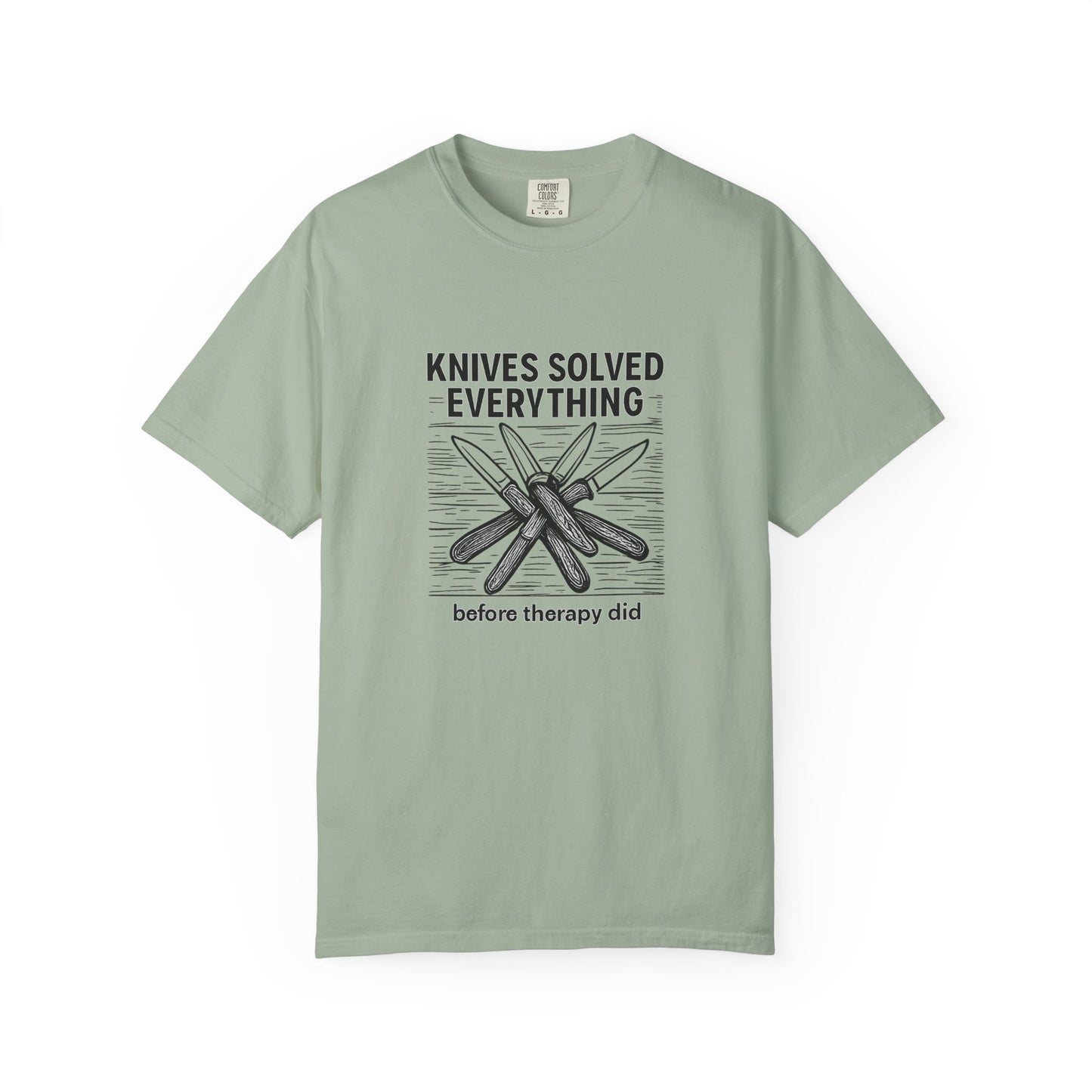 Knives Solved Everything (Before Therapy Did) T-Shirt – Funny EDC, Camping & Outdoors Shirt for Men Who Love Their Tools