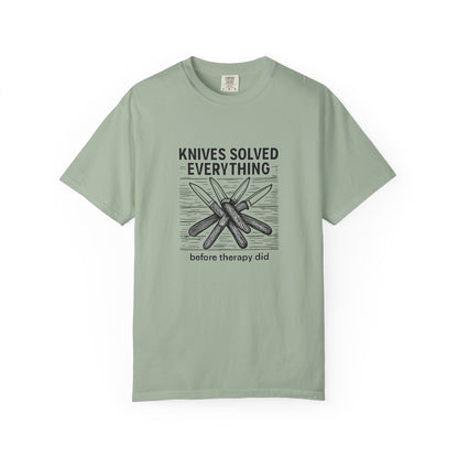 Knives Solved Everything (Before Therapy Did) T-Shirt – Funny EDC, Camping & Outdoors Shirt for Men Who Love Their Tools
