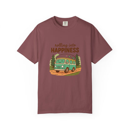 Rolling Into Happiness T-Shirt – Cute Van Life Shirt for Campers, Travelers & Adventure Lovers