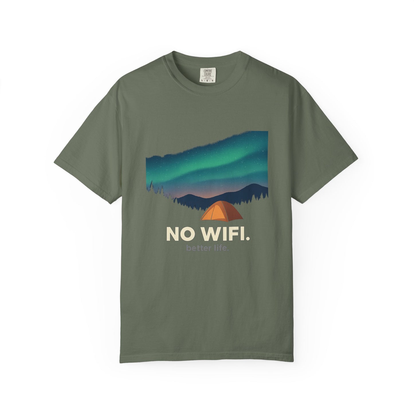 No WiFi Camping T-Shirt — Northern Lights Tent Graphic