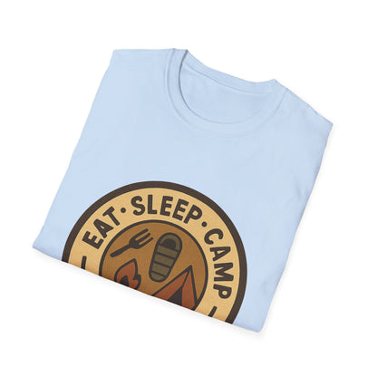 Camping Badge T-Shirt — "Eat. Sleep. Camp. Repeat." Outdoor Adventure Tee