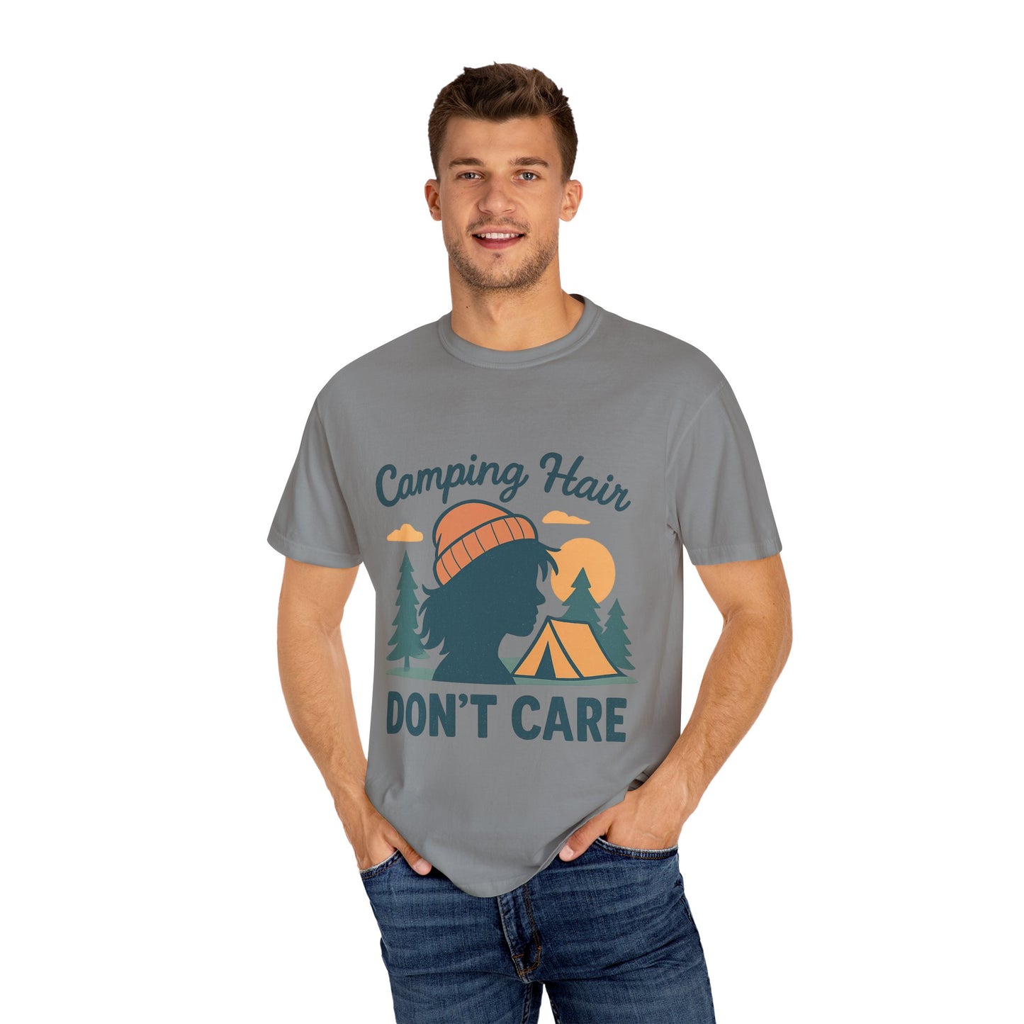 Camping Hair Don’t Care T-Shirt — Outdoor Camping Graphic Tee