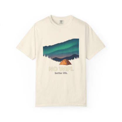 No WiFi Camping T-Shirt — Northern Lights Tent Graphic