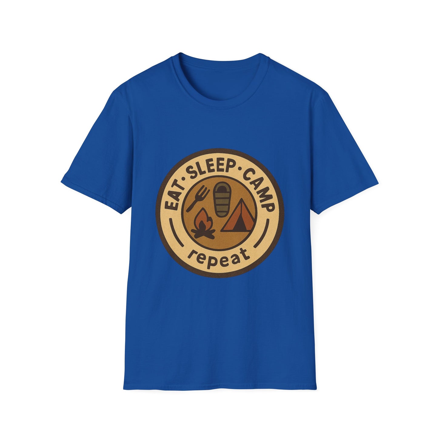Camping Badge T-Shirt — "Eat. Sleep. Camp. Repeat." Outdoor Adventure Tee