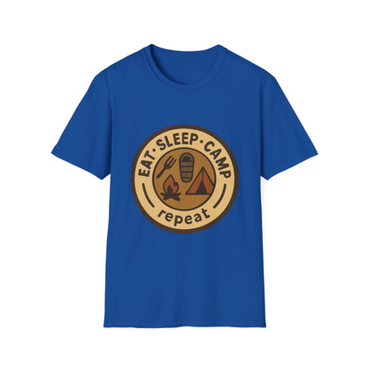 Camping Badge T-Shirt — "Eat. Sleep. Camp. Repeat." Outdoor Adventure Tee