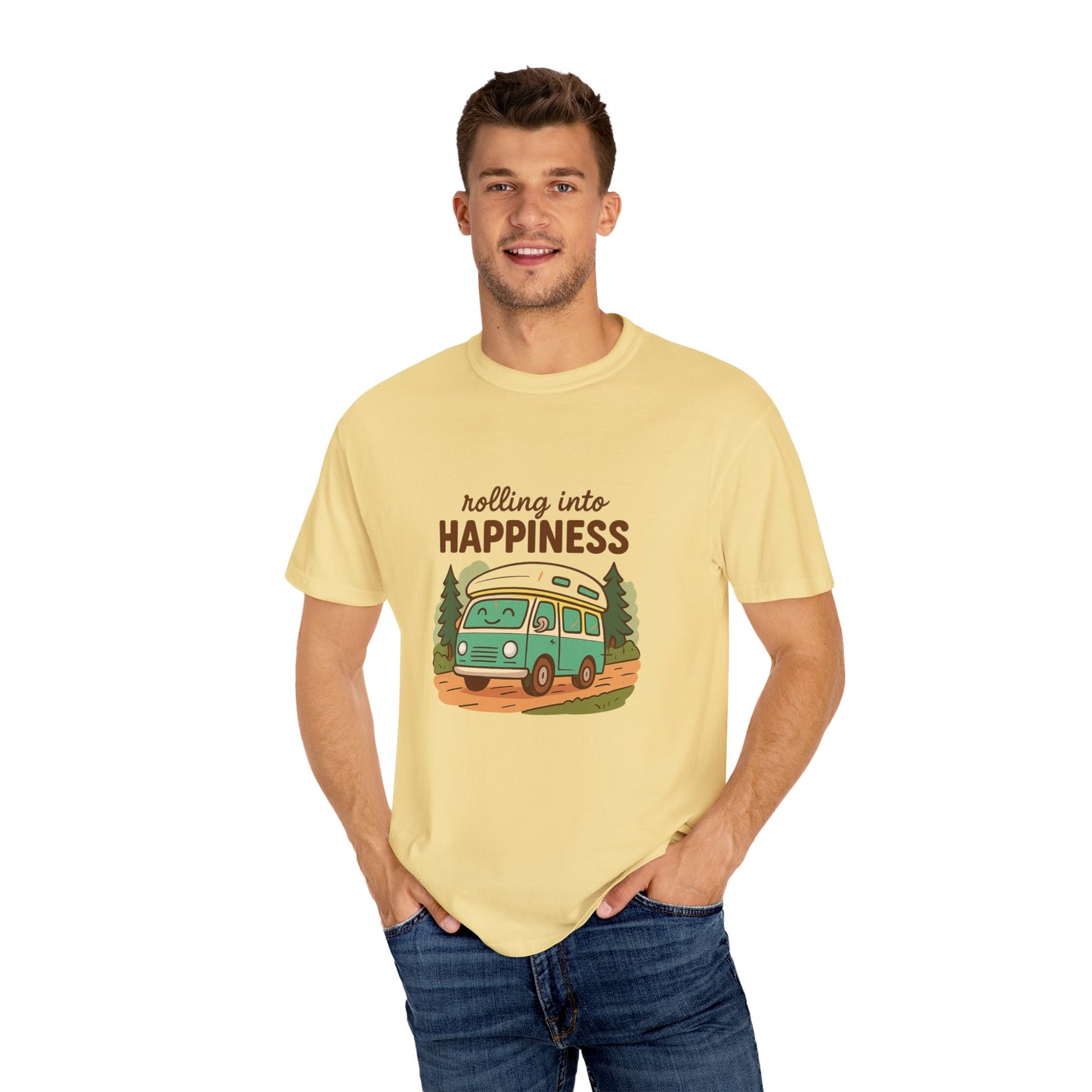 Rolling Into Happiness T-Shirt – Cute Van Life Shirt for Campers, Travelers & Adventure Lovers