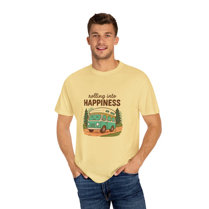 Rolling Into Happiness T-Shirt – Cute Van Life Shirt for Campers, Travelers & Adventure Lovers