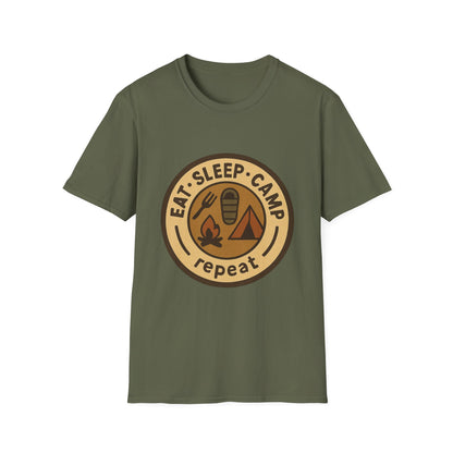 Camping Badge T-Shirt — "Eat. Sleep. Camp. Repeat." Outdoor Adventure Tee