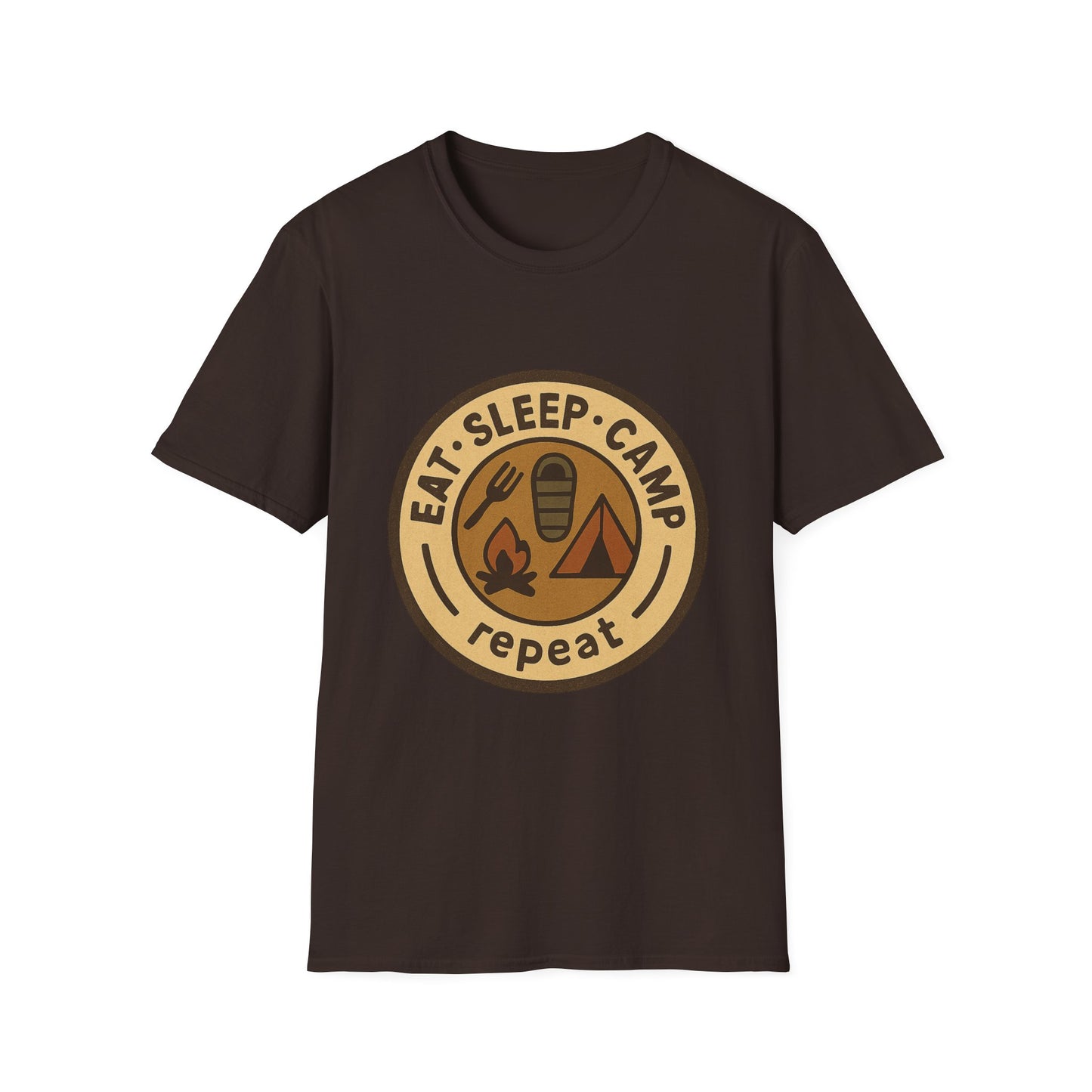 Camping Badge T-Shirt — "Eat. Sleep. Camp. Repeat." Outdoor Adventure Tee