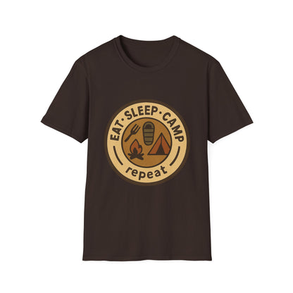 Camping Badge T-Shirt — "Eat. Sleep. Camp. Repeat." Outdoor Adventure Tee