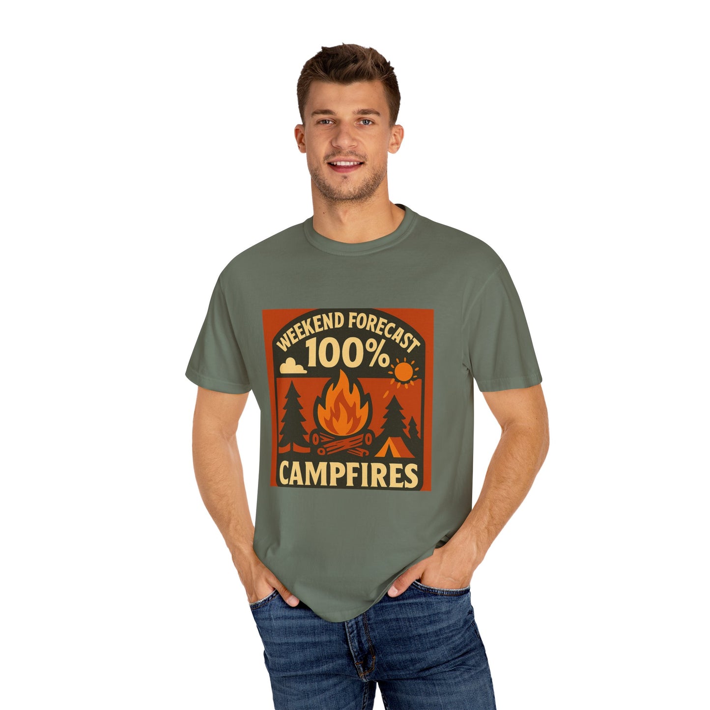 Campfire T-Shirt — "Weekend Forecast 100% Campfires" Retro Camping Tee